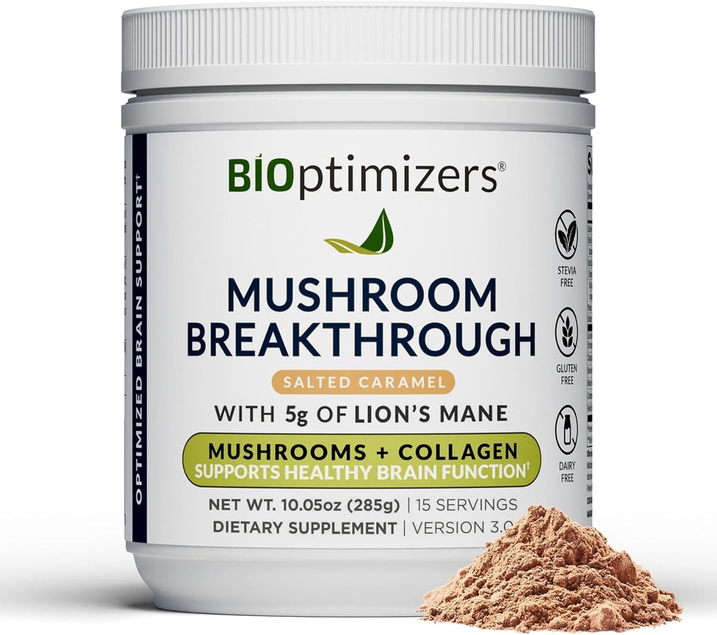 BIOptimizers Mushroom Coffee Alternative – Salted Caramel Drink – Lion’s Mane, Chaga, Reishi + Collagen Peptides for Focus, Energy & Gut Health – Adaptogenic Mushrooms & MCT Powder – 15 Servings