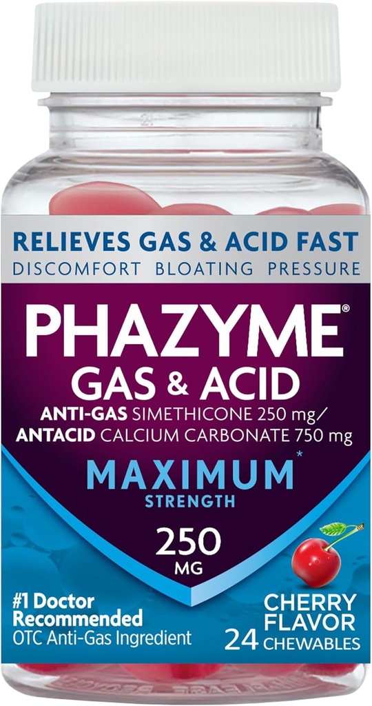 Phazyme Maksymalna wytrzymałość Relief gazowy i kwasowy, działa szybko, Cherry Flavor, 24 żucia (Opakowanie może Vary)