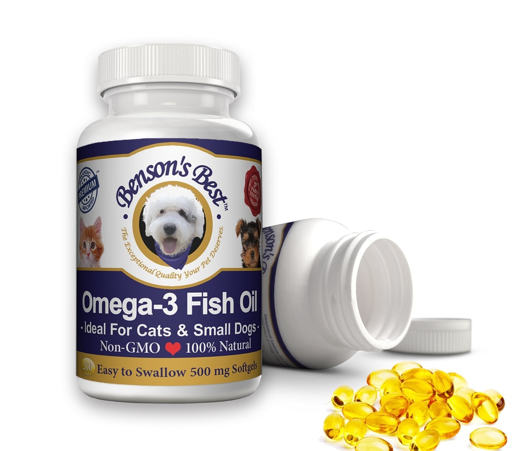 Benson 's Best Omega 3 Fish Oil for Cats & Small Dogs - 200 Softgels 500mg - 43% More Omega 3 Fatty Acids Than Salmon Oil - 100% Pure, Non-GMO, Natural Pet Food Dog Fish Oil Supplements