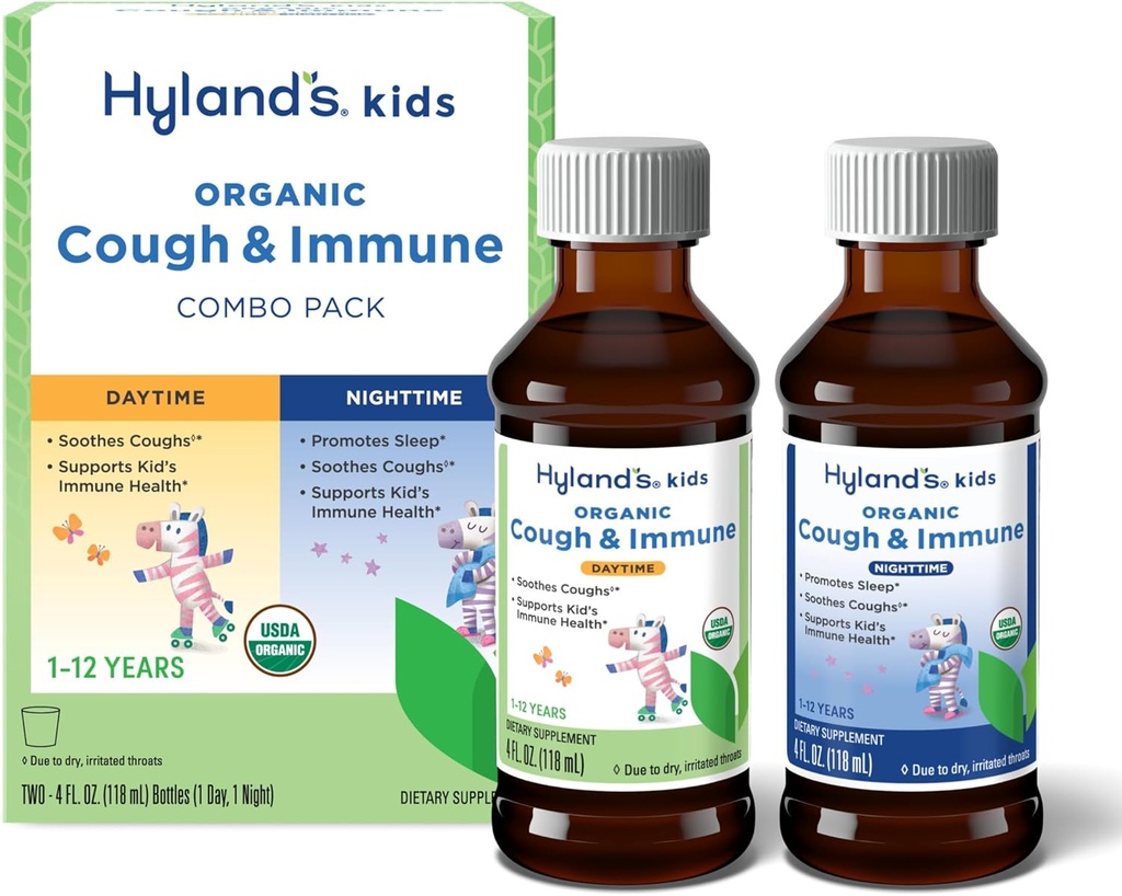 Hyland 's Kids Organic Cough and Immune Day and Night Combo Pack, Eases Coughs, Supports Immunity, Promotes Sleep, Two 4 Fl Oz. Butelki (8 fl oz)