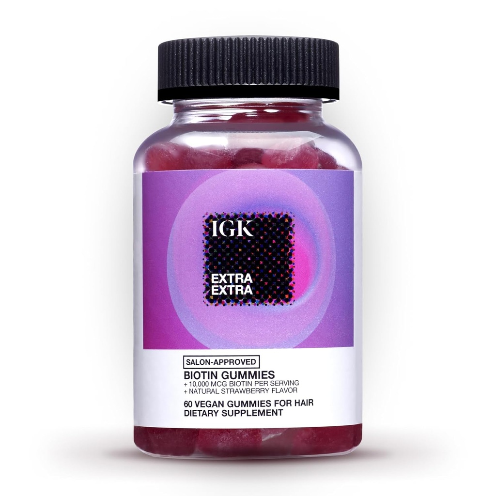 IGK Gumiaki do włosów Biotin 10,000mcg Biotin (60 Count), Strawberry Flavored, Gumiaki suplement wzrostu włosów do zdrowych włosów, skóry i paznokci, Wegan, Pomoc Walka z wypadania włosów i cieńsze