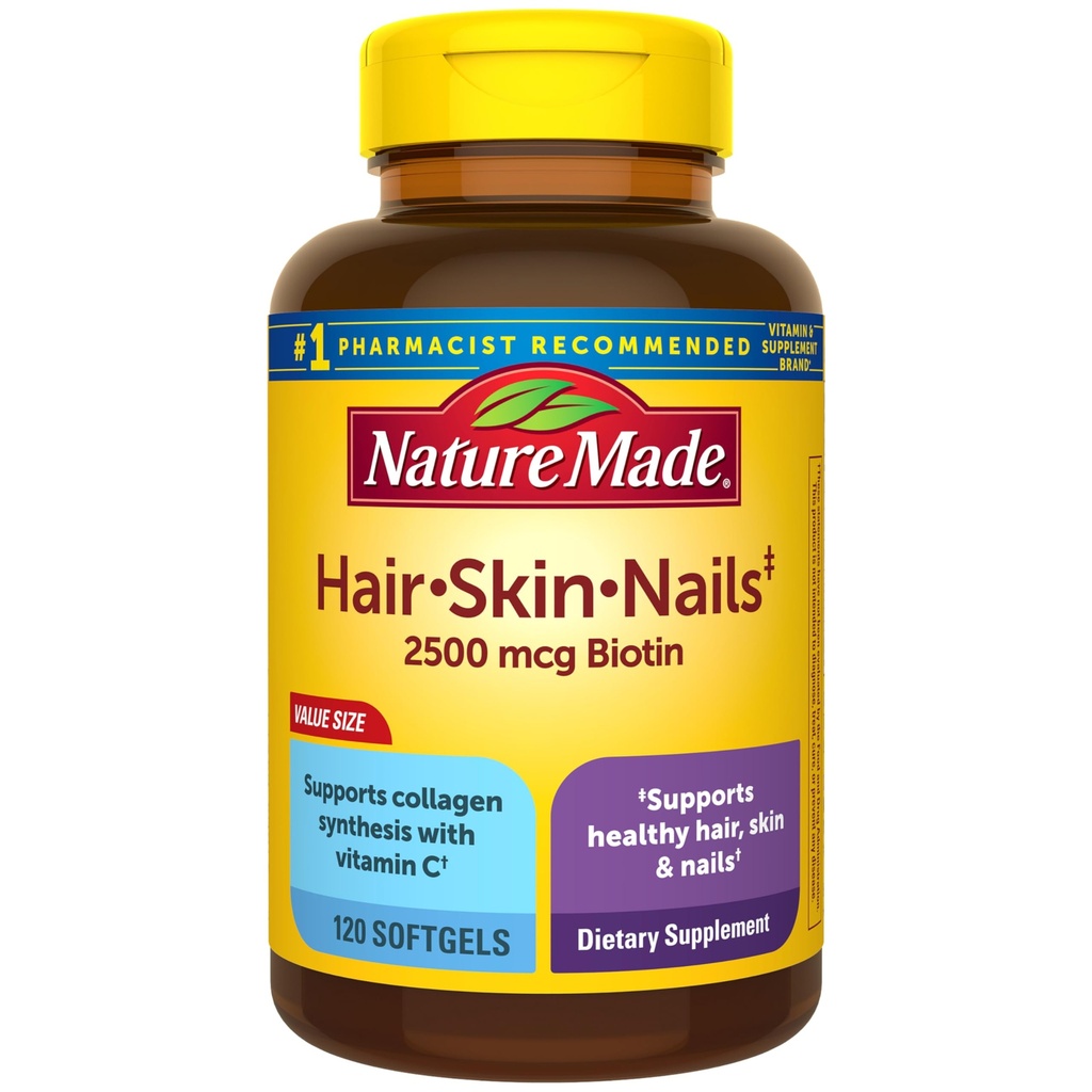 Natural Made Hair Skin and Nails with Biotin 2500 mcg, Suplement diety dla zdrowej skóry włosów i wsparcia paznokci, 120 Softgels, 120 Day Supply