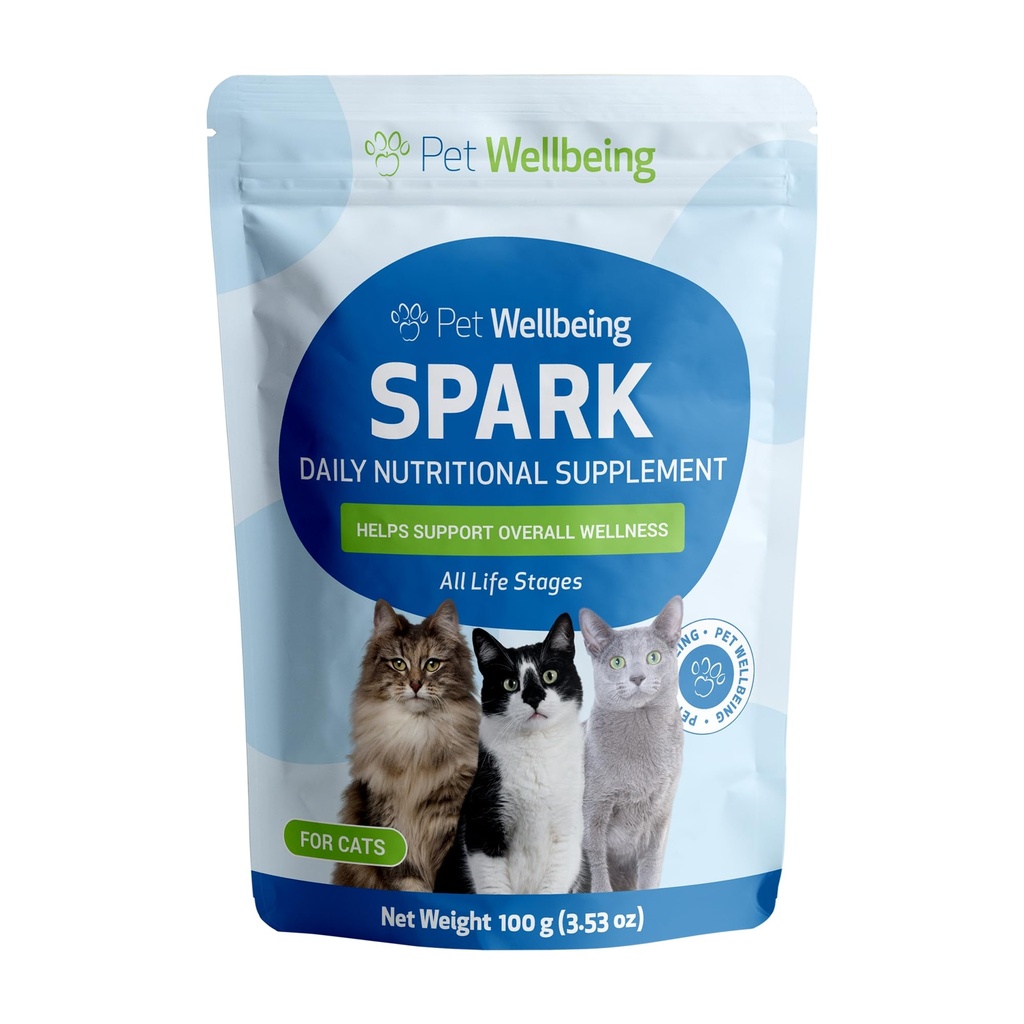 Pet Wellbeing Spark Daily Nutritional Greens Superfood for Cats - Probiotyki, Prebiotyki, Enzymy trawienne, Amino Acids, Antyoksydanty, Witamina D, Spirulina - Veterinarian- configurated 3.53 oz (100 g)