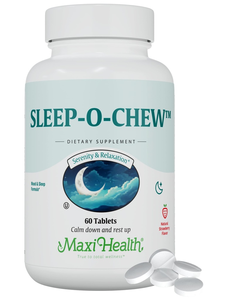 Maxi Health Sleep- O- Chew Truskawkowe tabletki do żucia z Magnezu, Inozytol, L- Tryptofan, 3mg Melatonina na wsparcie snu - Non Habit Forming Sleep Assistant dla dorosłych, Kosher Sleep Supplement, 60 Count