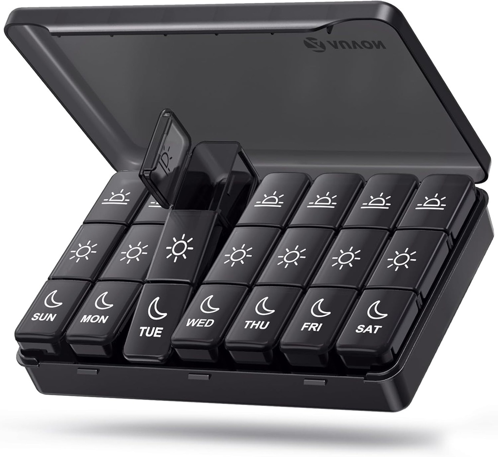 AUVON Cotygodniowy Pill Organizator 3 razy dziennie, Duży Pill Box 7 dzień z Dual Protection for Travel, Black Pill Case for Privacy Protection, Light- proof Pill Container for Medications, Witaminy, Oleje rybne