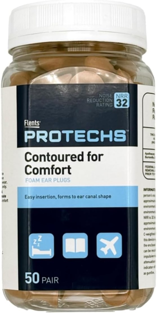 Flents Protechs Jednorazowe wtyczki Foam Ear, Contoured for Comfort, Idealny do pracy, Głośny hałas, Ciężkie maszyny, Budownictwo, Studiowanie, Strzelanie i Podróżowanie, NRR 32, Beige, Łatwy w użyciu, 50 Para