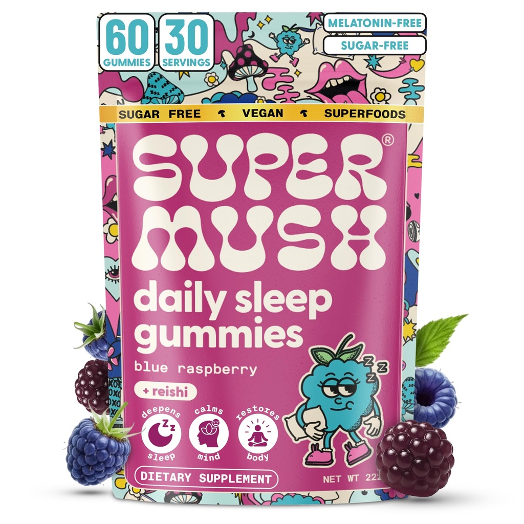 SuperMush Sleep Gummies dla dorosłych - Mushroom Supplement with Magnezu Citrate, L- Theanine, Chaga, Reishi & Rumomile for Deep Sleep, REM & Detox - Vegan & Sugar- Free - 60 Gummies (30 Sług)