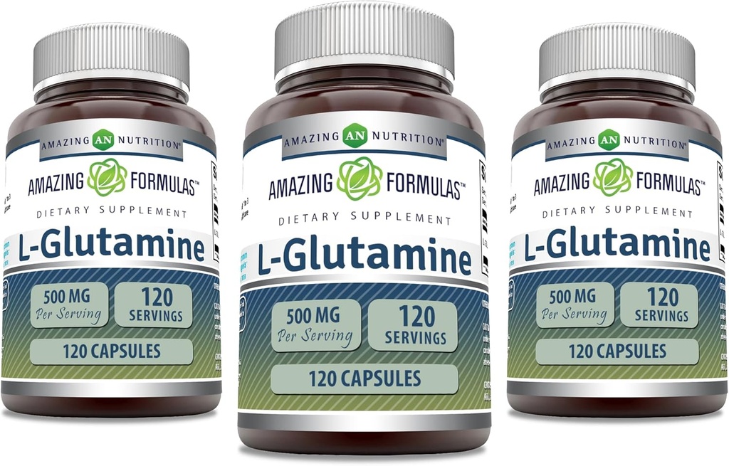 Amazing Supples L- Glutamine 500 mg Capsules Supples 124; Amino Acid Supplement Supplement Amend124; Non-GMO Supplement 124; Gluten Free Supples 124; Made in USA (3 Pack, 120 Count)