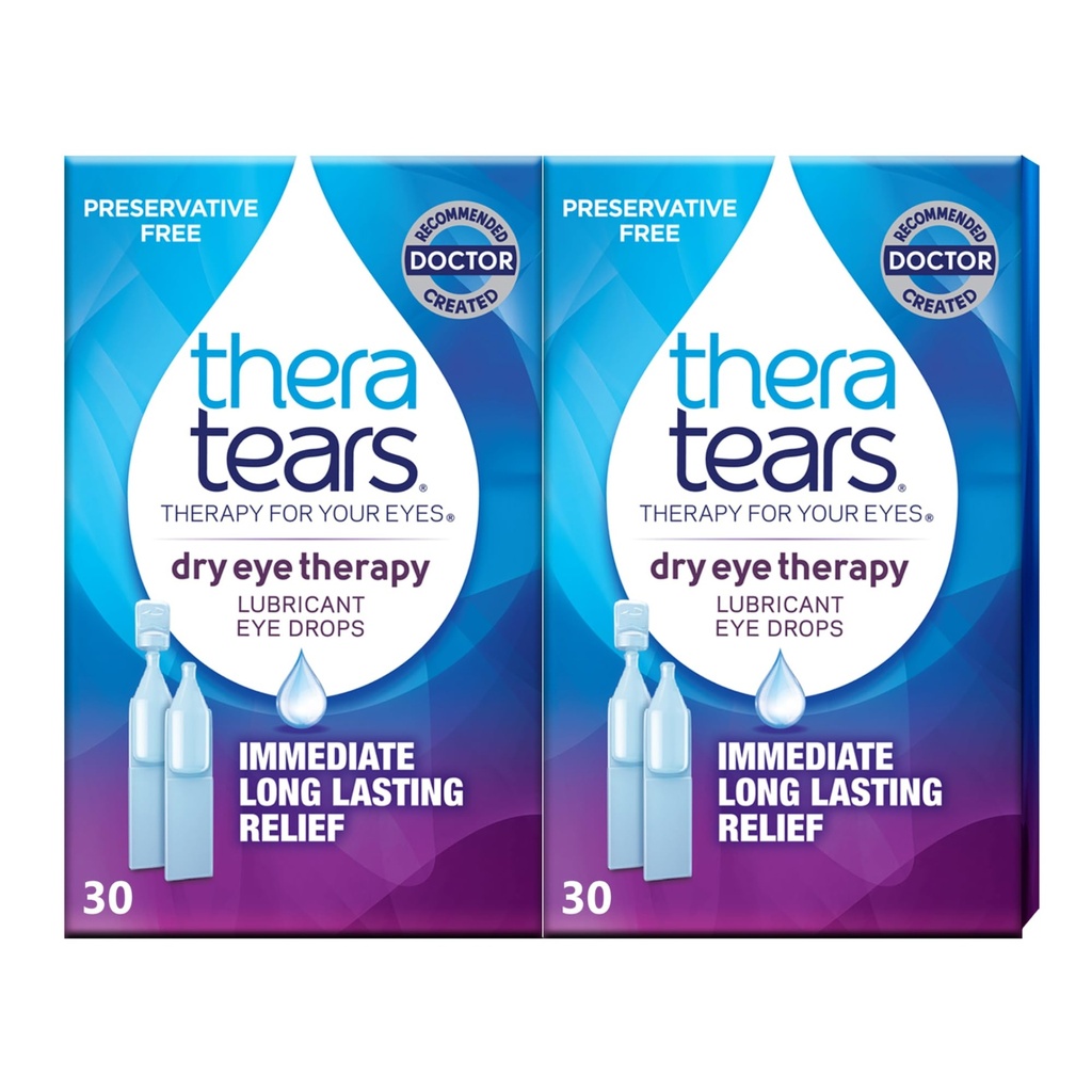 TheraTears Dry Eye Therapy Lubrykating Eye Drops for Dry Eyes, Conservative Free Eye drops, 30 Pojedyncze fiolki (2 opakowania)