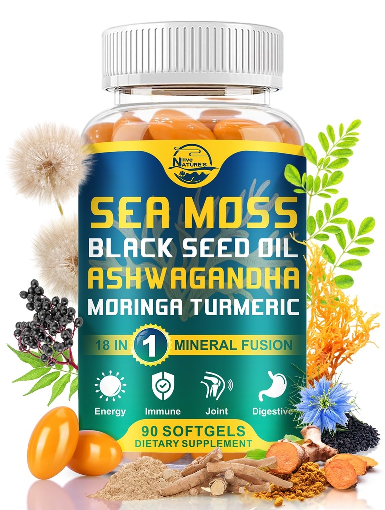Nature 's live Organic Sea Moss Softgels, z Black Seed Oil, Ashwagandha, Bladderwrack, Ginger, Burdock Root, Manuka Honey, Cynamon dla układu immunologicznego, Skóra, Energia, 90 Softgels, 1 Pack