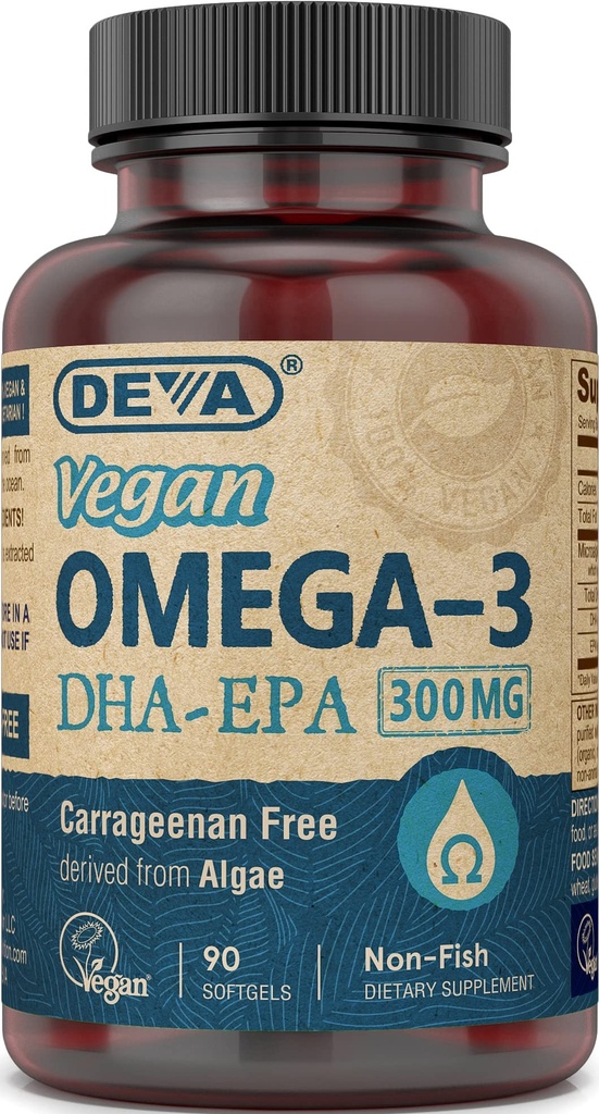 DEVA Vegan Omega-3 DHA- EPA 300MG - No Carrageenan, Non-Fish Oil derived from Algae, Non-GMO, 90 Softgels wolne od żelatyny