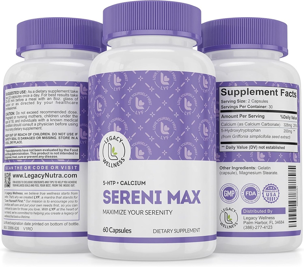 SERINI- MAX - 5- HTP Mood Supplement Supplement + Wapń - Wspiera spokojny i spokojny stan umysłu - Boost Serotonin, 5HTP 200mg do zarządzania stresem i suplementów wsparcia snu - 60 Kapsułki