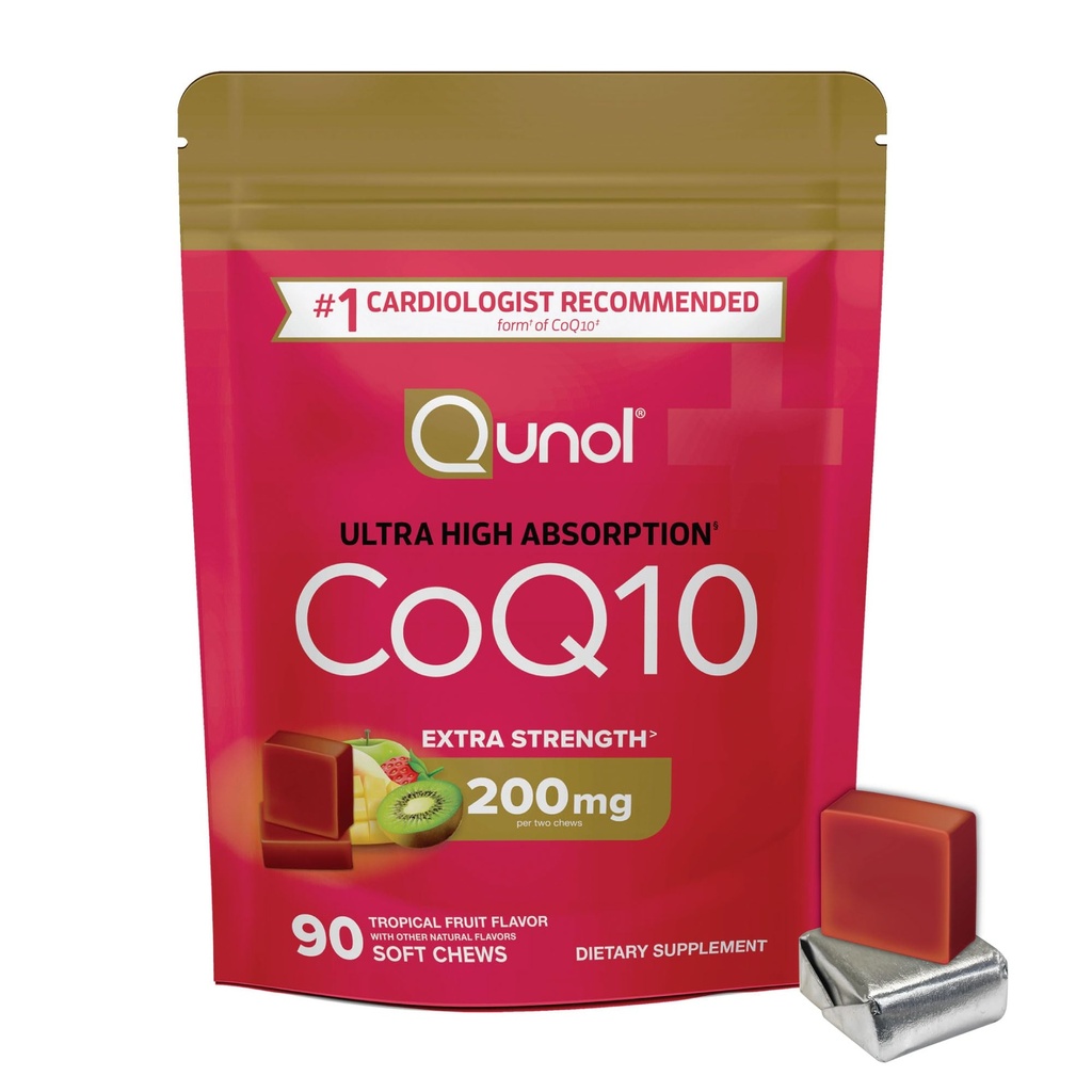 Qunol CoQ10 200mg Soft Chews, Extra Strength & Ultra High Absorption Coenzym Q10 Supplement, # 1 Cardiolog Recommended Supplement for Heart Health, 90