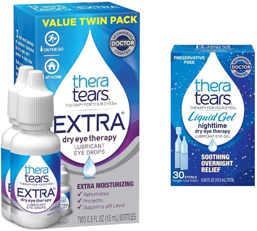 TheraTears Extra Dry Eye Therapy Lubrykating Eye Drops for Dry Eyes, 0,5 fl oz Bottle, 2 Count (Pack of 1) & Liquid żel Nighttime Lubrykating Eye Drops for Dry Eyes, Single- Use Vials, 30 Count