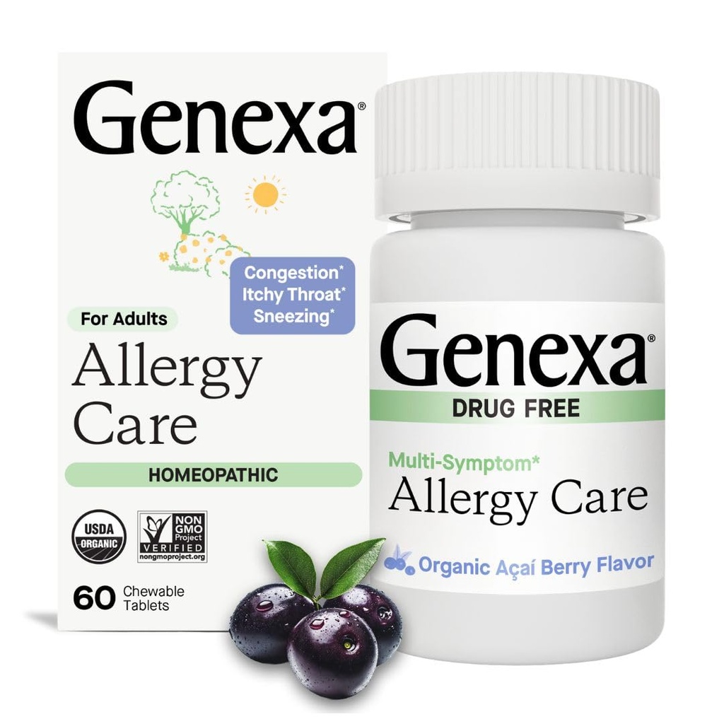 Genexa Alergy Care Adresy 124; Beznarkotykowy, Non- Drowsy Alergy & Decongestant Remedy dla dorosłych 124; Vegan & Non- GMO Adresy 124; Homeopatic Allergy Relief Made Clean Agree 124; Organic Acai Berry Flavor 124; 60 Tabletki do żucia