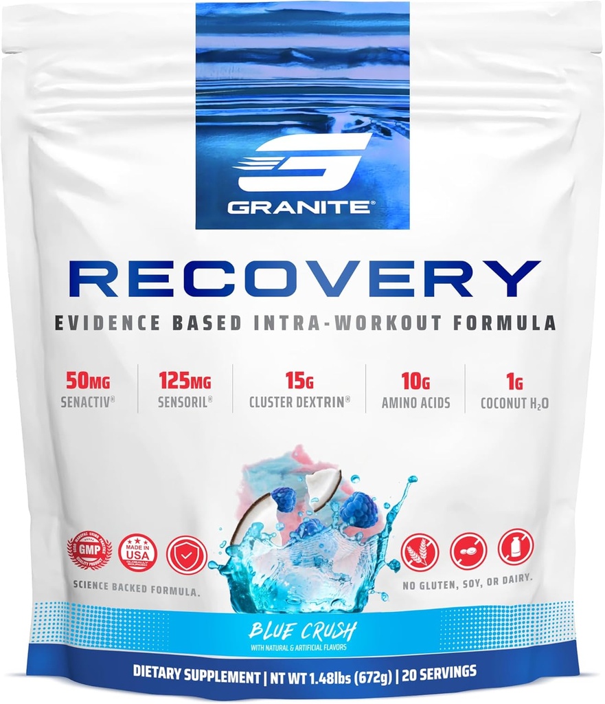 Granit Odzyskiwanie Intra i Post- Workout Suplement, Blue Crush Flavor, z 10g Aminos, Elektrolity, Klaster Dekstryna, & Sensoril, Wspiera Odzysk mięśni i wzrost (20 Służenia)