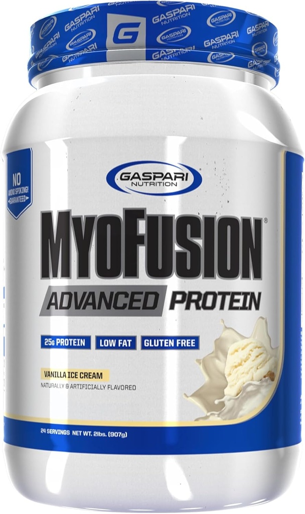 Gaspari Nutrition Myofusion Zaawansowane białko, Mieszanka proteinowa z białkiem serwatkowym, Białko kazeinowe i białko izolacyjne, Niski Tłuszcz i Gluten Free (2lbs, Lody waniliowe)