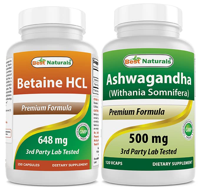 Best Naturals Betaine HCL 648 mg & Ashwagandha Extract 500 Mg