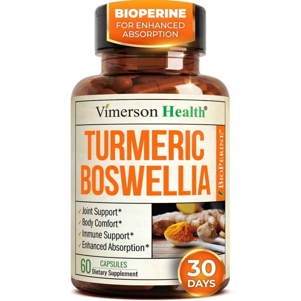 Boswellia Serrata Turmeric Supplement for Joint Support & Inflatimate Balance - Turmeric Boswellia Supplement with Ginger & Black Pepper Extract for Enhanced Absorption - Non-GMO - 60 kapsułki