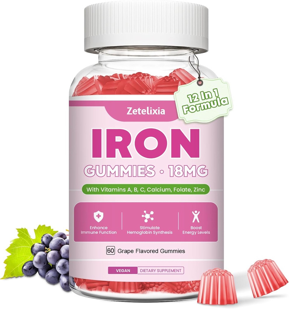 Wegańskie żeliwne gumki suplement dla kobiet i mężczyzn, niedokrwistość, Blood Builder & Energy Support for Iron Deficiency, z witaminą C, A, B Complex, Folate, Beet Root, CoQ10, Cynk, Sugar Free, 60 Count