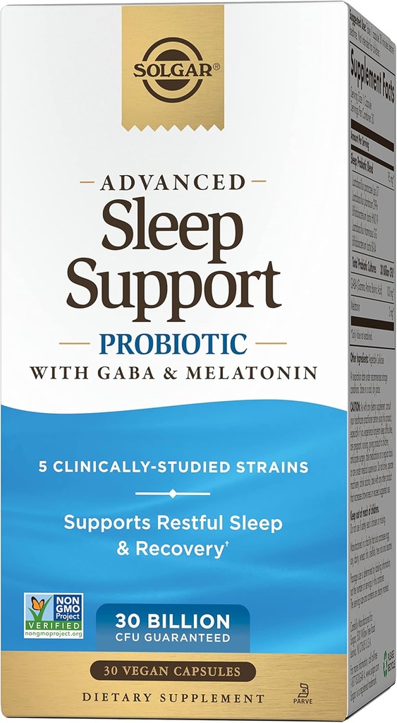 Solgar Advanced Sleep Support Probiotic z GABA & Melatonin, 30 Kapsułki wegańskie - 30 Miliard CFU - 5 Klinically-Studied Strains - Wsparcie dla Resteful Sleep & Recovery - Non-GMO & Vegan, 30 Służenia