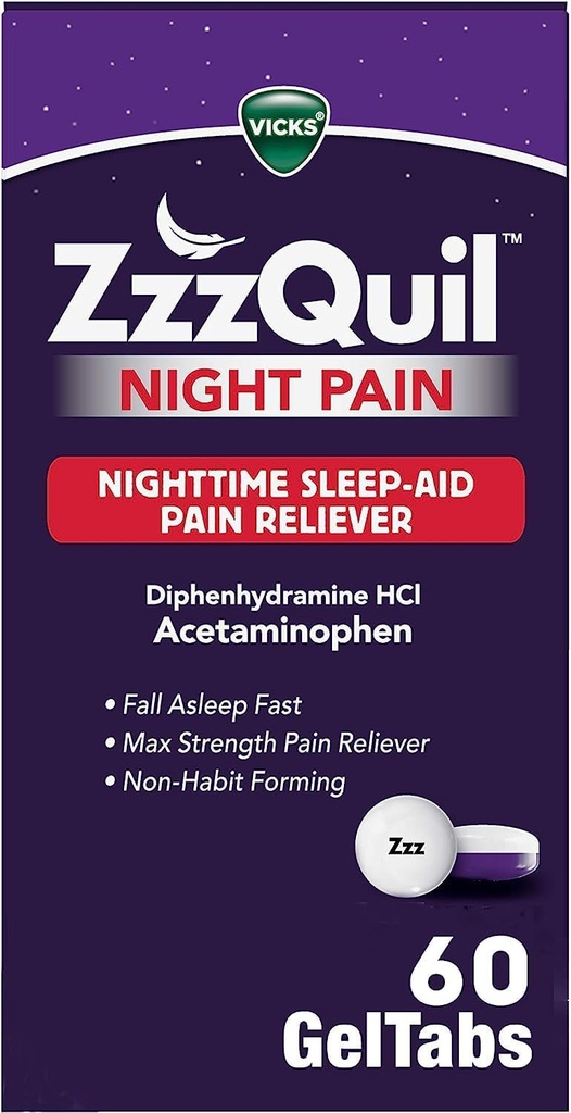 ZzzQuil Night Pain GelTabs, Nighttime Pain Relief, Sen Aid Tablets, Difenhydramine HCl i Acetaminofen, No.1 Sleep Aid Brand, Max Siła Reliever Pain, 60 GelTabs