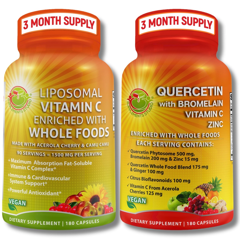 Quercetin z bromelainą, witaminą C i cynkiem + witaminą liposomalną C 1500mg - Immune Support Bundle z organiczną Acerola Cherry, Camu Camu & Citrus Bioflavanoids - Wegan, Non-GMO, Czyste Wsparcie Wellness