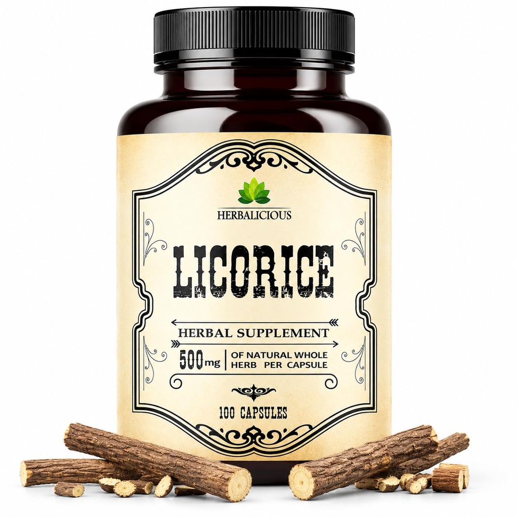HERBALICIOUS Licorice Root 100 Capsules – Pure Organic Glycyrrhiza Glabra – Herbal Supplement for Digestive Comfort & Overall Wellness – Non-GMO & Additive-Free