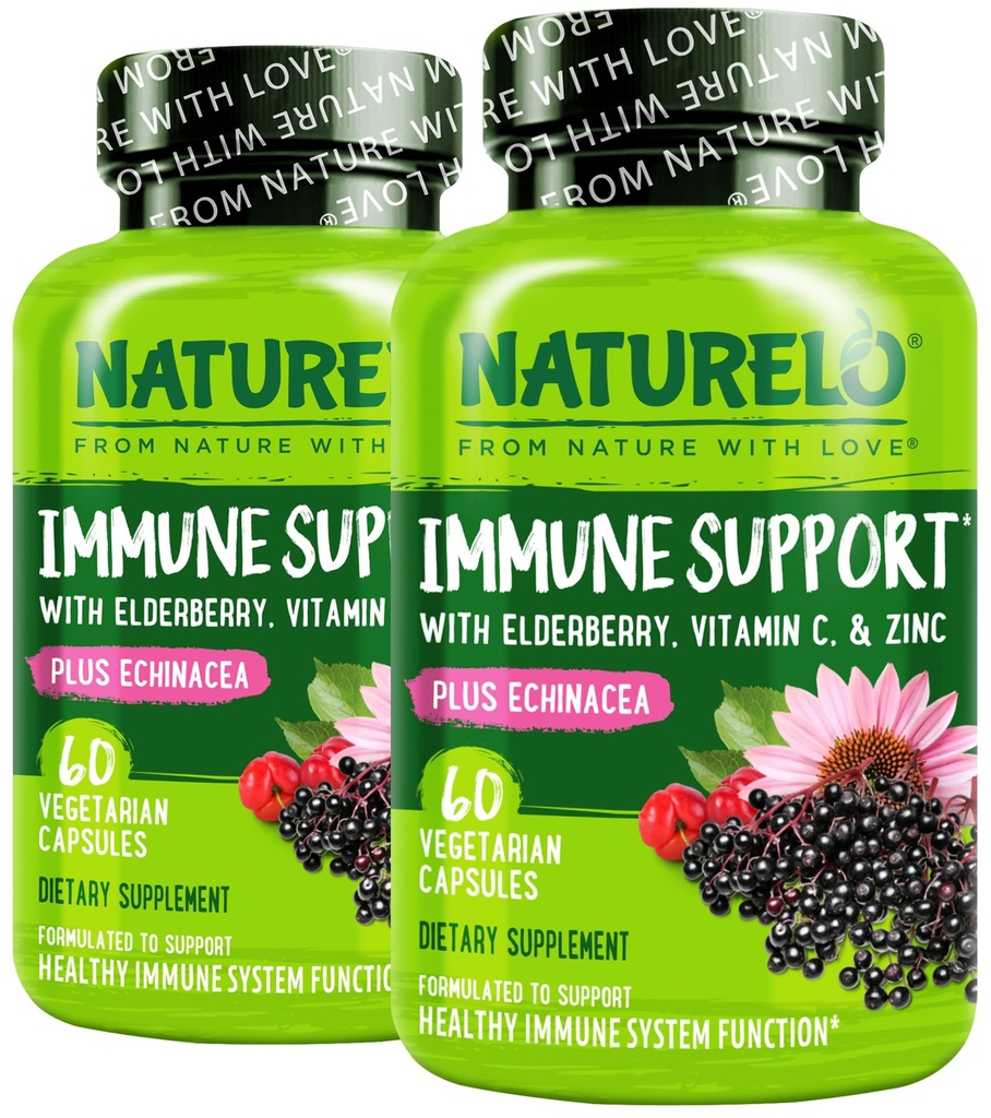 NATURELO Immune Support Witamina C, Elderberry, Cynk, Echinacea Natural Immunity Boost w / Przeciwutleniacz, Ziołowy i Mineral Defense - 60 Kapsułki wegańskie (Opakowanie 2)
