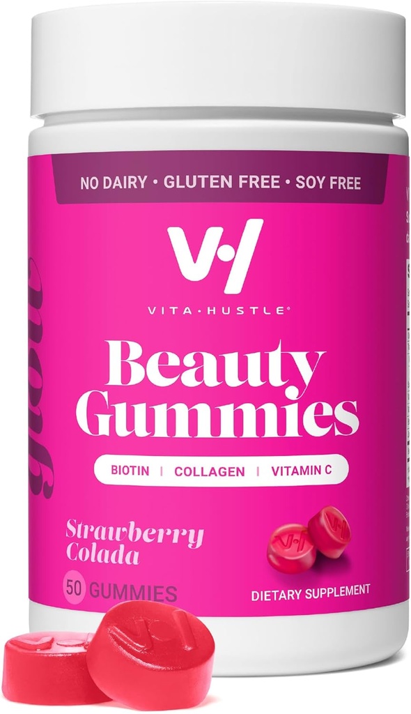 Gumiaki piękności VitaHustle, 2500 µg Biotin, 100 mg Kolagen, Witamina C, B- Complex, Silne włosy, paznokci skóry, niski cukier, Nie GMO, Truskawka Colada, 50 Hrabia
