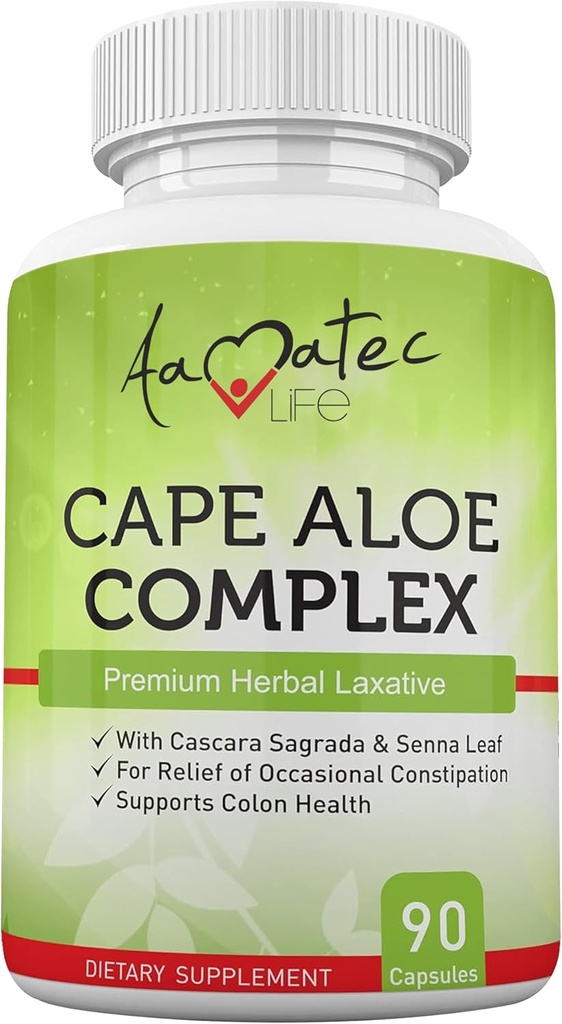 Aamatec Life Cape Aloe Herbal Laxative Complex for Convastions Relief, Healthy Bowel Movements, Digestive & Colon Health with Cascara Sagrada and Senna Leaf Supplement for Men and Women 90 Kapsułki