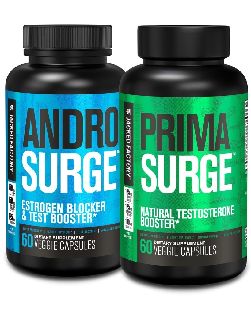 Jacked Factory Testosteron Booster dla mężczyzn 124; Estrogen Blocker z Tongkat Ali - Androsquic Anti- Estrogen + Primasurge Natural Test Booster - dla wzrostu mięśni, Witalność, Energia, 30 Day Supply