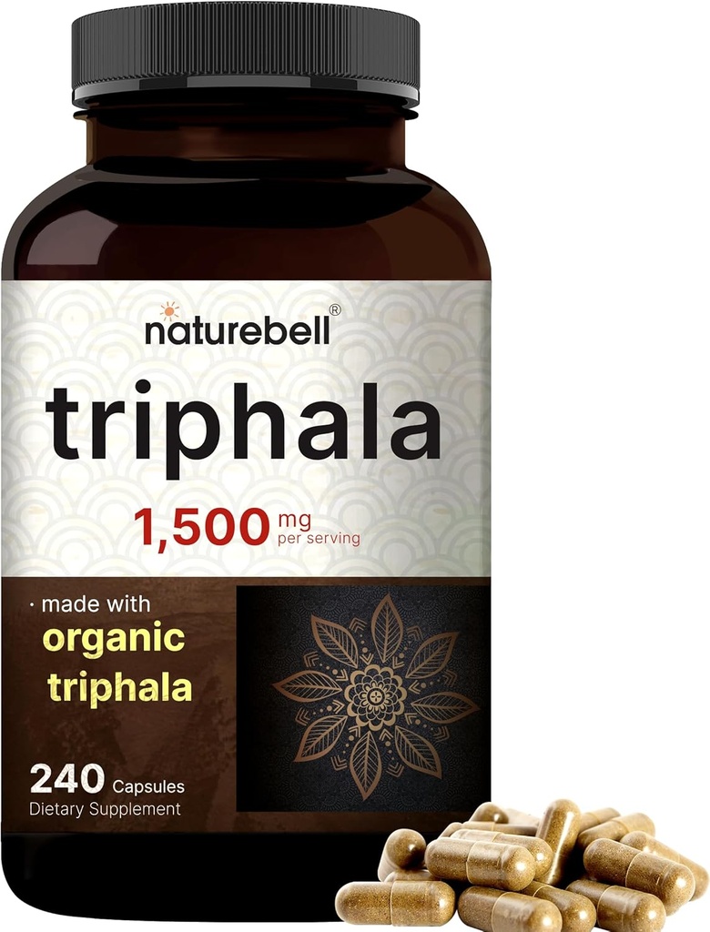 NatureBell Triphala Kapsułki Suplement, 1,500mg Per Serving 124; Made with Organic Amla, Bibhitaki, Haritaki Fruit Powder - Supports Digestive Health - Double Strength, Non-GMO