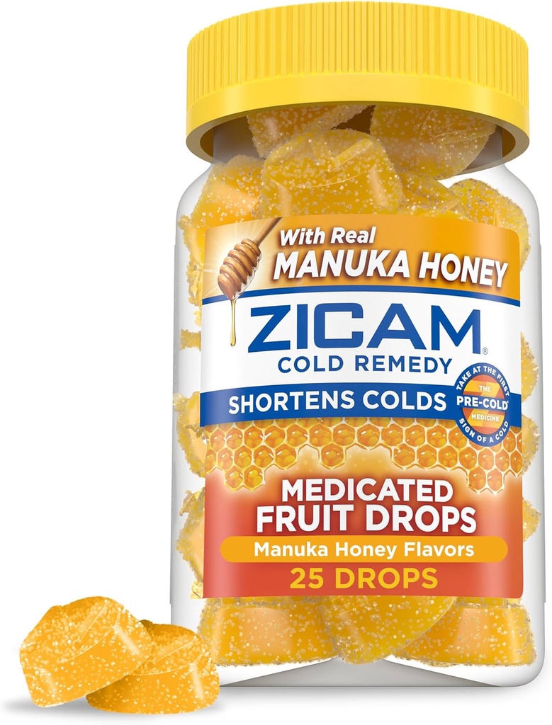Zicam Cold Remedy Cynk Medyczne krople owocowe, Manuka Honey Flavor, Homeopatyczne, Cold Shorting Medicine, Skróty zimnego czasu trwania, 25 Count