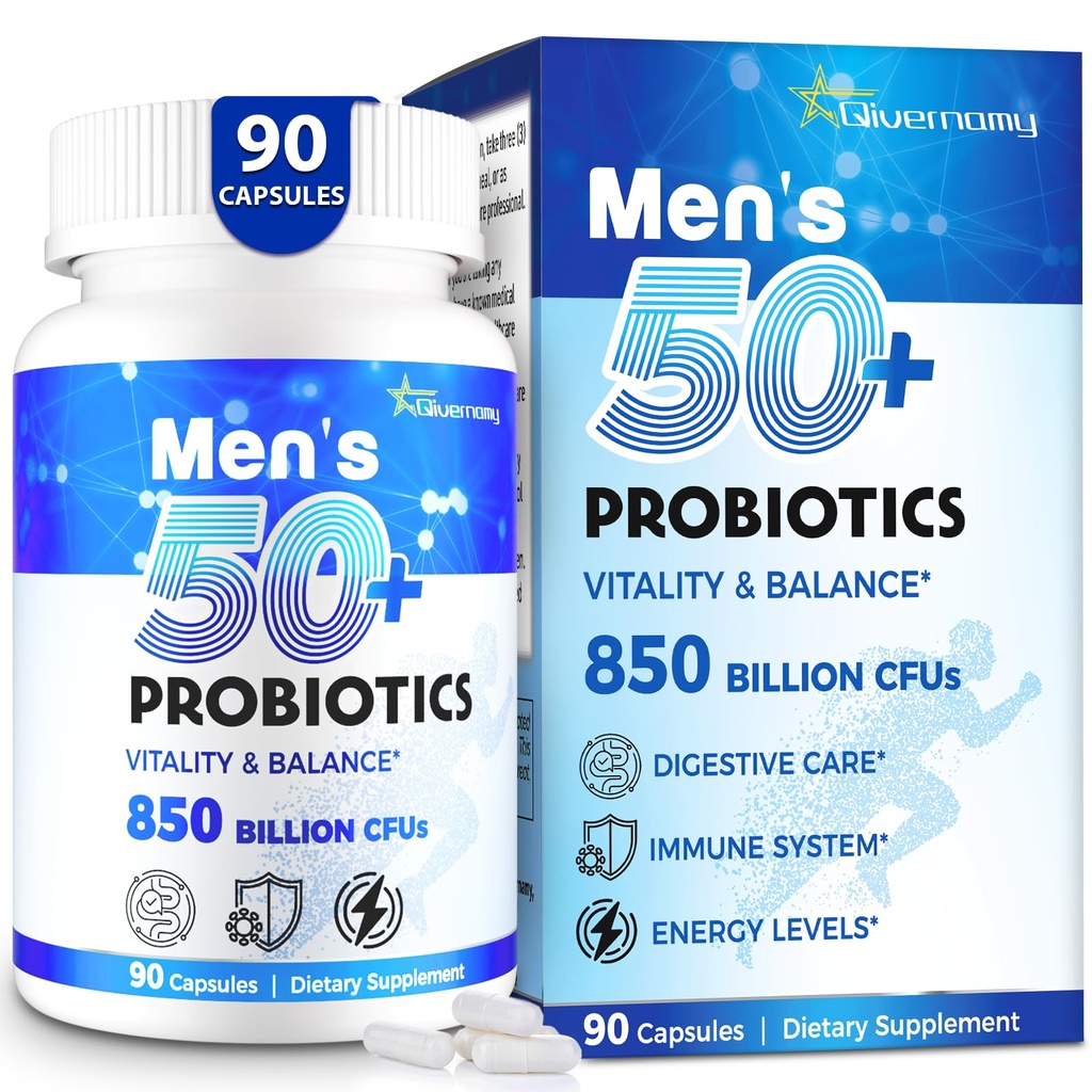 Probiotyki dla mężczyzn, Zaawansowane 50 + Mens Probiotyczne, Kompleksowe Gut & Wsparcie energetyczne z 850 Miliard CFU, 1800mg Prebiotyki Fiber - Ożywienie Wellness mens probiotyki dla zdrowia jelit ponad 50, 90 kapsułki