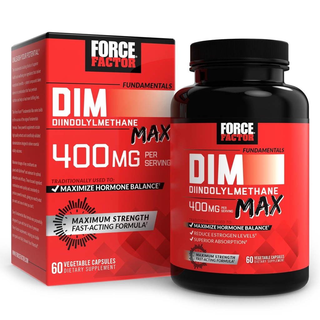 Force Factor DIM Max, DIM Supplement 400mg, Estrogen Balance for Women & Men, Diindolylmethane, 60 Capsules