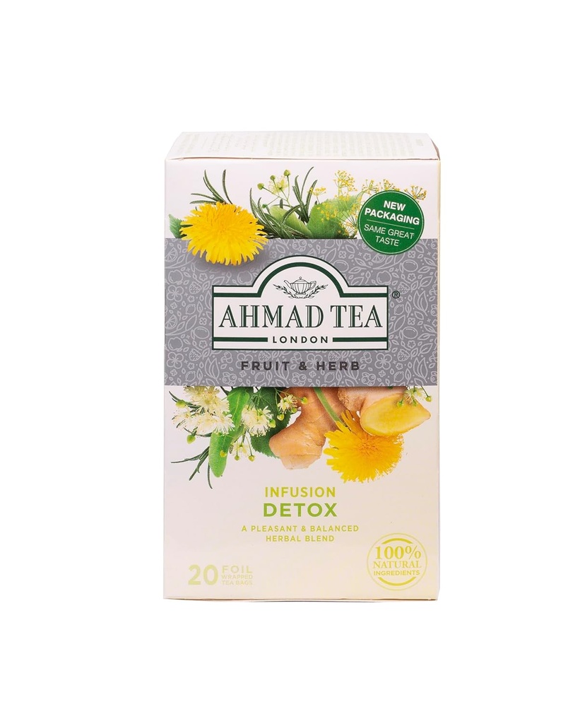 Ahmad Herbata Herbatka, imbir, mięta pieprzowa, koper, mniszek, & Birch 'Detox' Teabags, 20 ct (Opakowanie 6) - bez kofeiny i cukru