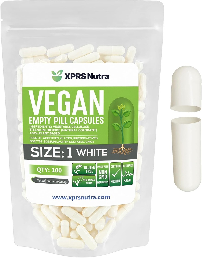 XPRS Nutra Rozmiar 1 Puste kapsułki - 100 Hrabia Puste kapsułki wegańskie - Wegetariańskie tabletki - DIY Vegetable Capsule Fill- Veggie kapsułki do Do- It- Yourself Supplements (Biały)