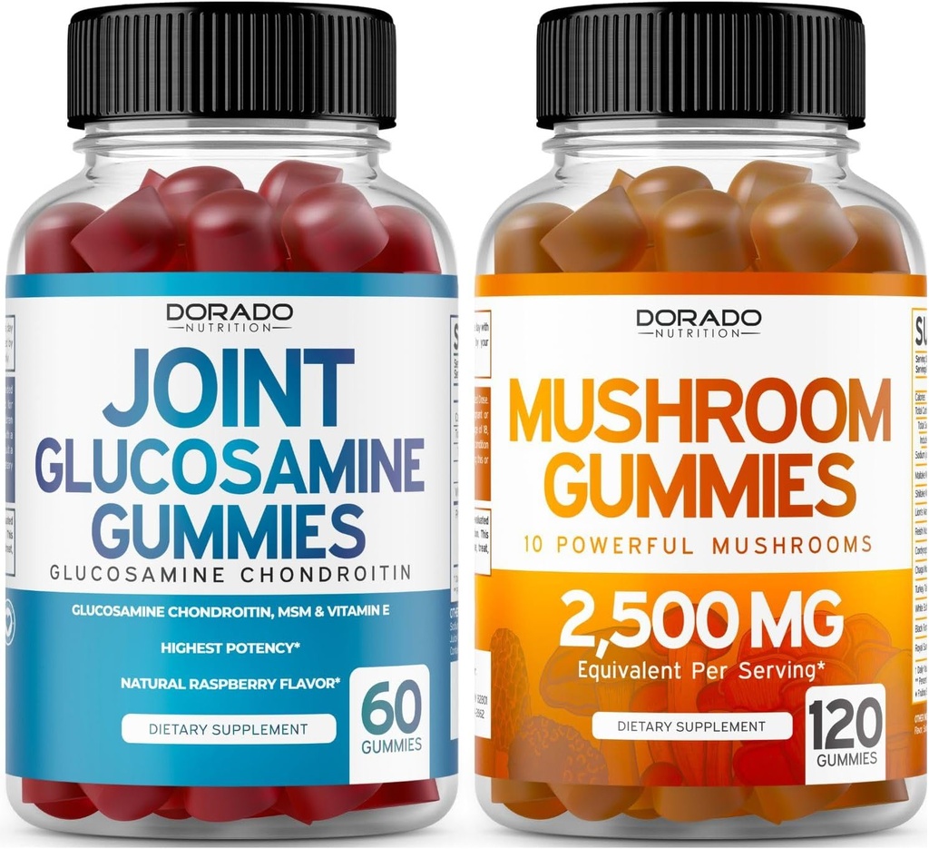 Glukozamina Chondroitin (60 Hrabia) Wspólne suplementy dla mężczyzn i kobiet - Pyszny aromat malinowy i grzyb 10 w 1 Mieszanka (120 Gummies) Focus & Brain Mushroom Supplement - Wegan & USA Made