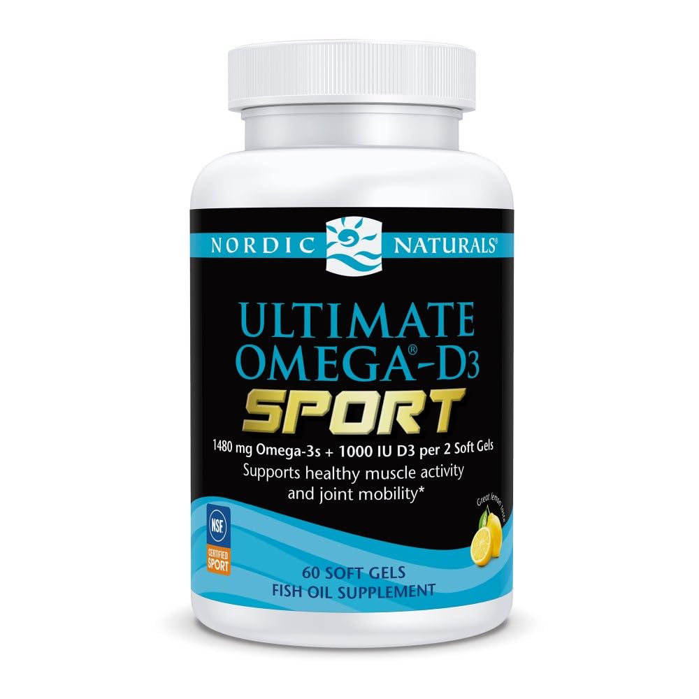 Nordic Naturals Ultimate Omega- D3 Sport, Lemon - 60 Soft żele - 1480 mg Omega- + 1000 IU Witamina D3 - NSF Certified - Wspiera mięśnie, kości, Focus & Endurance - 30 Służenie
