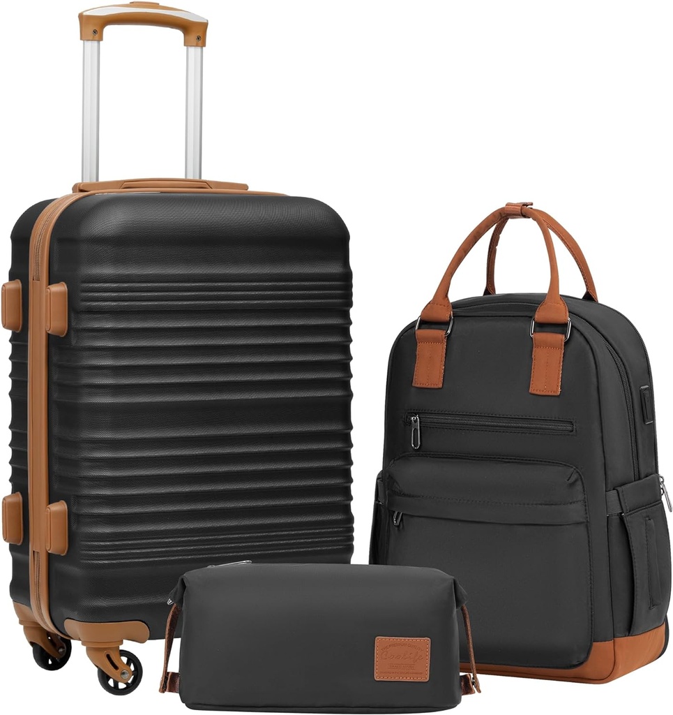 Bagaż Coolife Zestaw 3 Bagaż kawałek Przenieś na walizce Hardside Bagage z TSA Lock Spinner Koła (Czarny, 3 sztuk zestaw (BP / TB / 20))