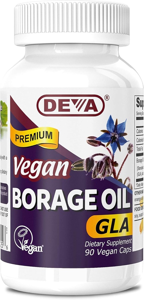 Deva Vegan Vitamin, Olej Borage 500mg, Bogate Źródło Omega- 6 Kwasu tłuszczowego GLA (kwas linolenowy Gamma), Cold- Pressed & Unrafinted, 90 Tablets, 1- Pack