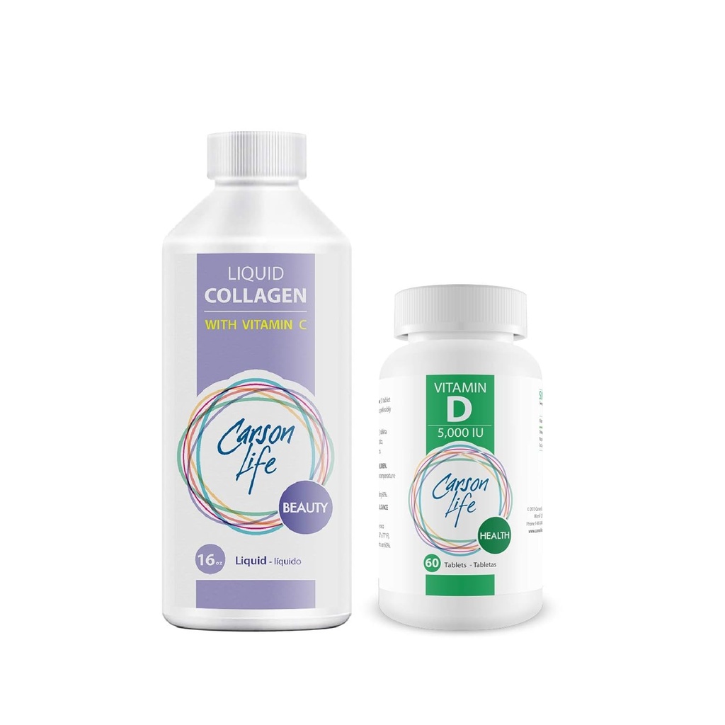 CARSON LIFE - Liquid Collagen Witamina C 1 Butelka, 16 Oz Bundle z dodatkiem witaminy D 1 Butelka, 10 000 j.m., 60 tabletek dla silnych mięśni, kości, zębów, anty starzenia, skóry włosów i paznokci