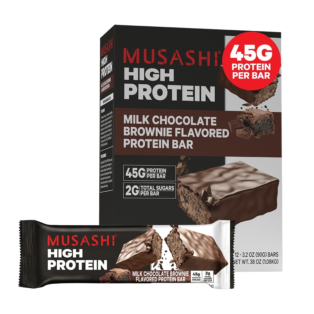 Musashi High Protein Bar, 45g Protein, 2g Sugary ogółem, Mleko czekoladowe Brownie, Post Warsztaty i Przekąski protein On The Go, 12 Pack of 3.2oz (90g) Bary