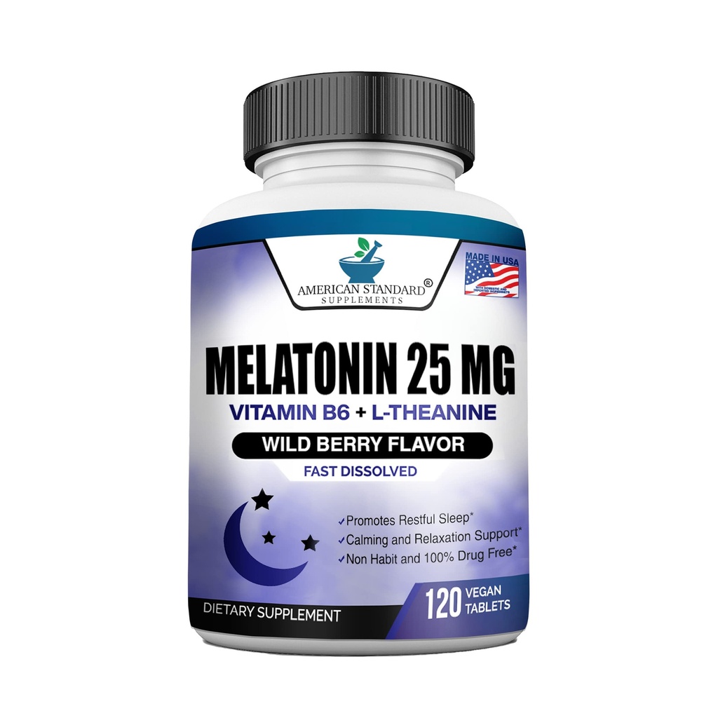 Melatonina 25 mg na 1 tabletkę, 120 tabletek do żucia z L- Theanine & Witamina B- 6, Wspiera zdrowy cykl snu, promuje uspokajanie i niespokojny sen, Wegan, NON GMO, Made In USA