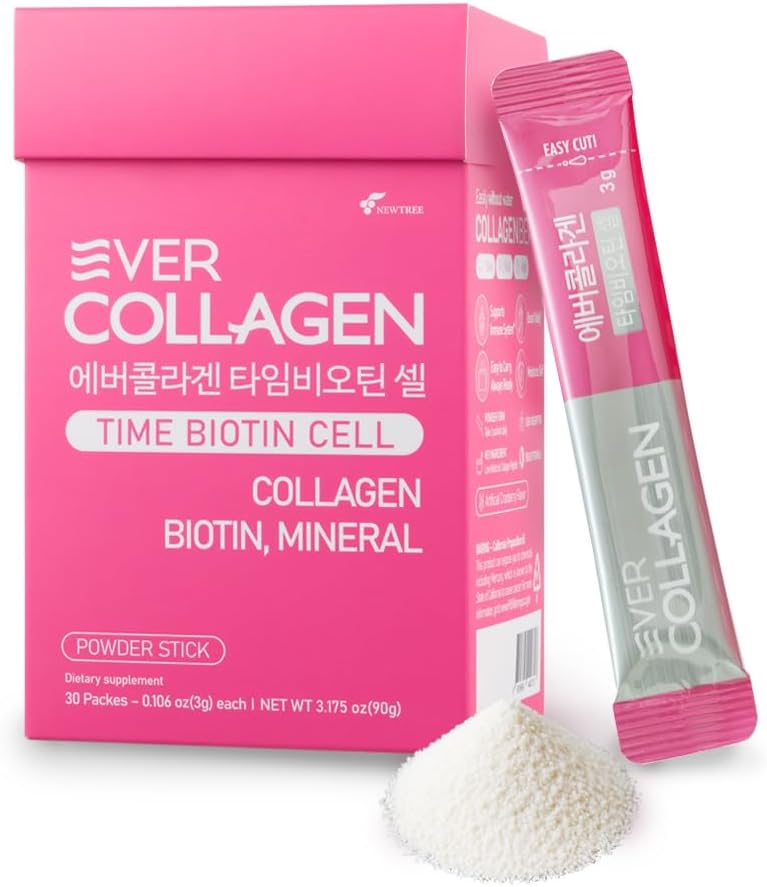 NEWTREE Biotin Cell Niska masa cząsteczkowa Marine Collagen Peptydy w proszku Pakiet, suplement do proszku protein do paznokci skóry, Pakiety podróży - biorąc bez wody, 30 Sticks