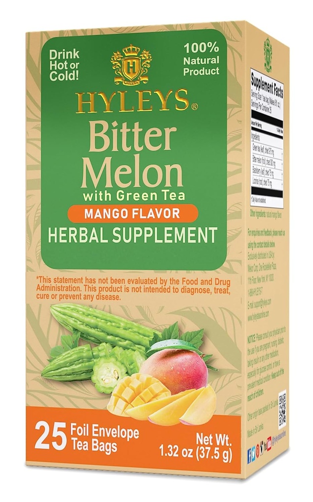 Hyleys Bitter Melon z zielonej herbaty - Mango Flavor - 25 Tea Bags - Pomaga zdrowe czynności wątroby - Suplement ziołowy - (6 Pack - 150 Tea Bags Total)