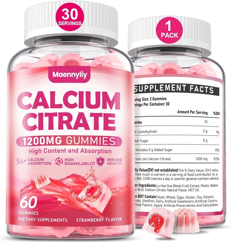 Gummies cytrynian wapnia 1200 mg dla dorosłych: Ultimate Absorption Calcium Supplement for Women & Men - Easy to Digest, Vegan, Non-GMO, Gluten Free - Natural Strawberry Flavor