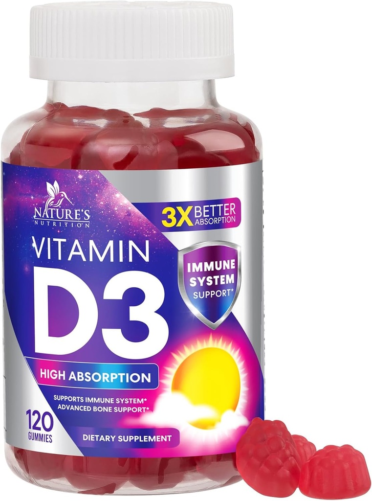 Witamina D3 Gummy 5000 j.m. (125 μg) - Suplement diety witaminy D dla kobiet i mężczyzn - kości, zębów, mięśni i immunologicznego wsparcia zdrowia, wysokiej mocy VIT D3 Nature 's Non-GMO & Gluten Free - 120 Gummies