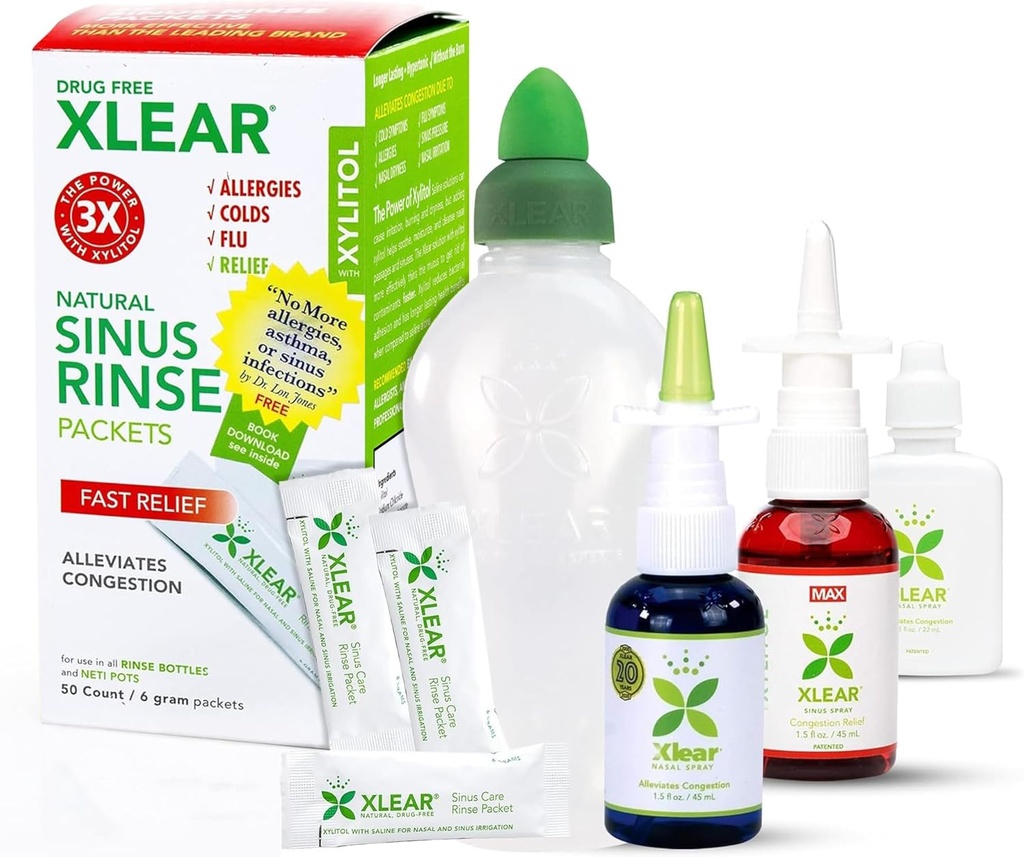 Xlear Alergy Relief Kit, All Day Alergy Rescue Kit Włączając Xlear Nasal Spray z Xylitol, XLEar MAX Nasal Spray, Xlear Nasal Rinse Neti Pot i 50 Pakiety zapełniania